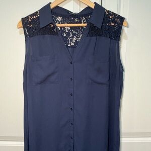 Roz & Ali Navy Lace Accent Blouse